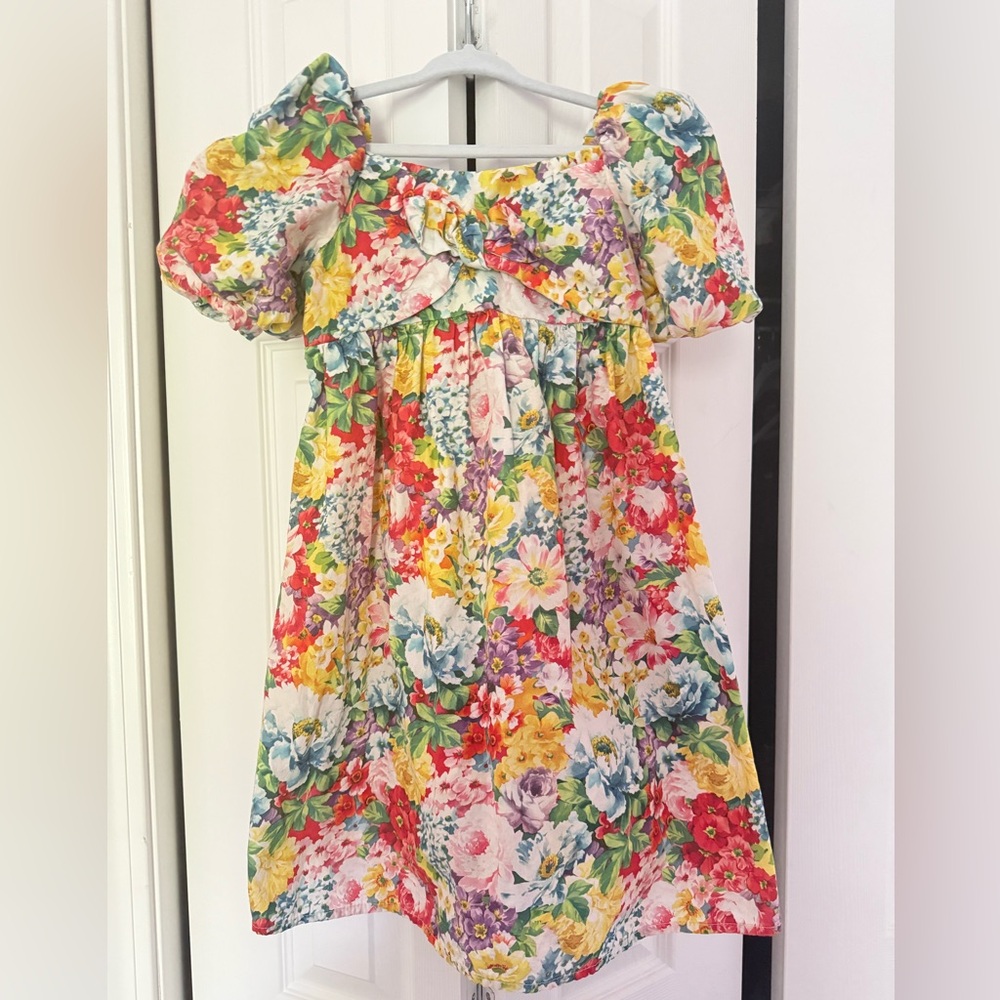 Zara Floral Puff-Sleeve Dress in Multicolor (red, yellow, green, blue, purple)